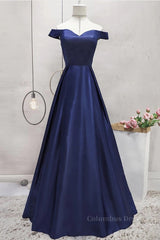 Homecoming Dress Beautiful, Off Shoulder Blue Satin Long Prom Dress, Off Shoulder Blue Formal Dress, Blue Evening Dress