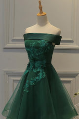 Prom Dress Green, Off Shoulder Dark Green Short Party Dress, Tulle Homecoming Dresses