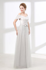 Glamorous Dress, Off Shoulder Gray Formal Floor Length Prom Dresses