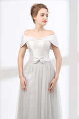 Satin Bridesmaid Dress, Off Shoulder Gray Formal Floor Length Prom Dresses