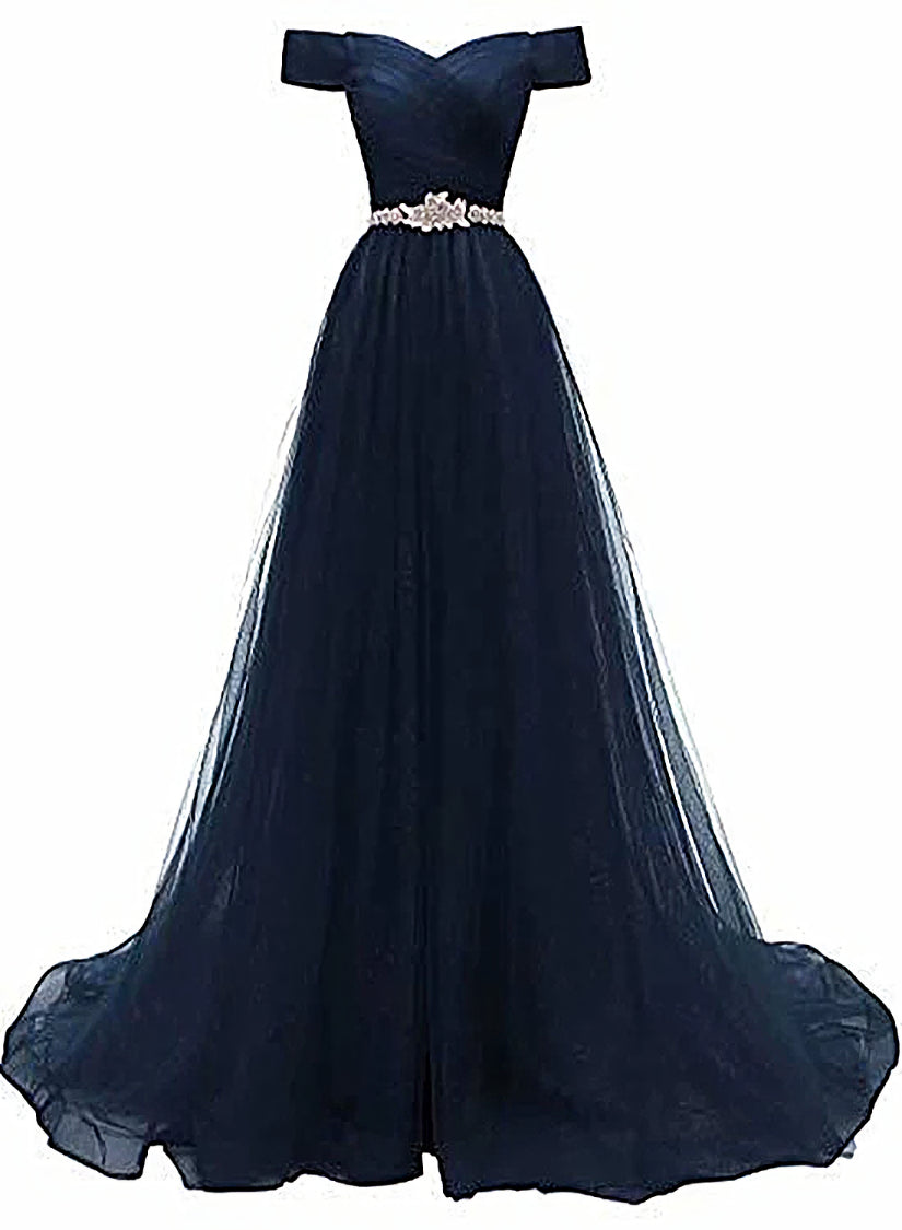 Party Dresses Sales, Off Shoulder Navy Blue Party Dress, A-line Tulle Blue Bridesmaid Dress