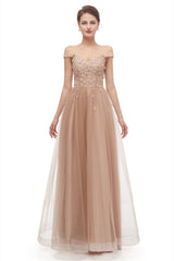 Prom Dresses Champagne, Off-Shoulder Pearls Applique A-Line Tulle Prom Dresses