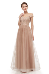 Prom Dresses Ball Gown Elegant, Off-Shoulder Pearls Applique A-Line Tulle Prom Dresses