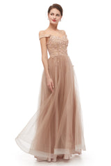Prom Dresses 2050 Long, Off-Shoulder Pearls Applique A-Line Tulle Prom Dresses