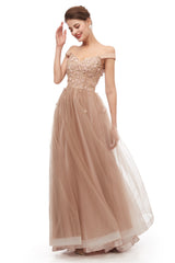 Prom Dresses Ball Gown Style, Off-Shoulder Pearls Applique A-Line Tulle Prom Dresses