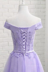 Bridesmaid Dresses Winter Wedding, Off Shoulder Purple Lace Short Prom Dress, Lilac Lace Homecoming Dress, Short Purple Formal Evening Dress