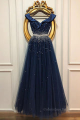Senior Prom Dress, Off Shoulder Sequins Dark Blue Long Prom Dress, Dark Blue Formal Dress, Off Shoulder Evening Dress