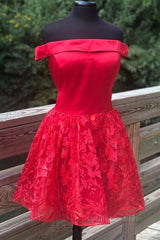 Formal Dress Modest, Off Shoulder Short Red Lace Prom Dress, Off Shoulder Red Lace Formal Graduation Dress, Red Lace Homecoming Dress