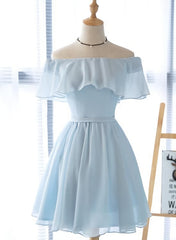 Prom Dress Ideas, Off Shoulder Simple Short Bridesmaid Dress, Lovely Blue Chiffon Party Dress