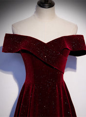 Formal Dress Styles, Off Shoulder Wine Red Velvet Long Party Dress, A-line Wine Red Evening Dress