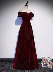 Formal Dresses Style, Off Shoulder Wine Red Velvet Long Party Dress, A-line Wine Red Evening Dress