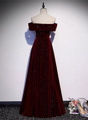 Formal Dresses With Sleeves, Off Shoulder Wine Red Velvet Long Party Dress, A-line Wine Red Evening Dress
