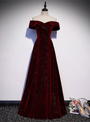 Formal Dress Style, Off Shoulder Wine Red Velvet Long Party Dress, A-line Wine Red Evening Dress