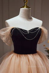 Prom Dresses Long Formal Evening Gown, Off the Shoulder Black and Champagne Ruffle Short Dress