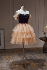 Prom Dresses Prom Dressprom Dress Prom Dresses, Off the Shoulder Black and Champagne Ruffle Short Dress