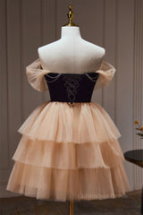 Prom Dresses Country, Off the Shoulder Black and Champagne Ruffle Short Dress