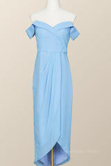 Prom Dress Idea, Off the Shoulder Blue Draped Midi Bridesmaid Dress