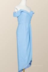 Prom Dress Fabric, Off the Shoulder Blue Draped Midi Bridesmaid Dress