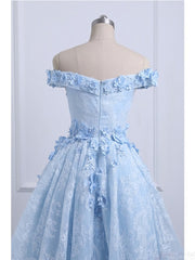 Homecomming Dress Long, Off the Shoulder Blue Prom Dresses Lace Applique,  High Low Prom Dress