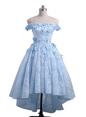 Homecomming Dresses Long, Off the Shoulder Blue Prom Dresses Lace Applique,  High Low Prom Dress
