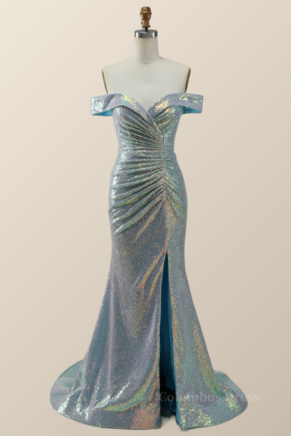 Party Dress Long Sleeve, Off the Shoulder Blue Sequin Mermaid Long Formal Dress