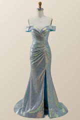 Party Dress Long Sleeve, Off the Shoulder Blue Sequin Mermaid Long Formal Dress