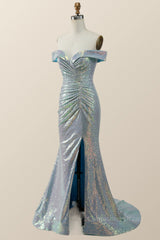Party Dress Name, Off the Shoulder Blue Sequin Mermaid Long Formal Dress
