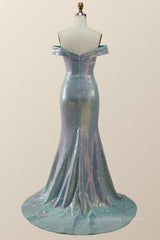 Party Dress Names, Off the Shoulder Blue Sequin Mermaid Long Formal Dress