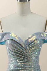 Party Dresses For Christmas, Off the Shoulder Blue Sequin Mermaid Long Formal Dress