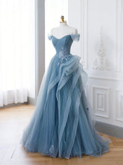 Bridesmaid Dresses Burgundy, Off the Shoulder Blue Tulle Prom Dresses, Blue Tulle Floral Formal Evening Dresses