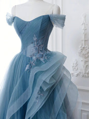 Bridesmaids Dresses Affordable, Off the Shoulder Blue Tulle Prom Dresses, Blue Tulle Floral Formal Evening Dresses