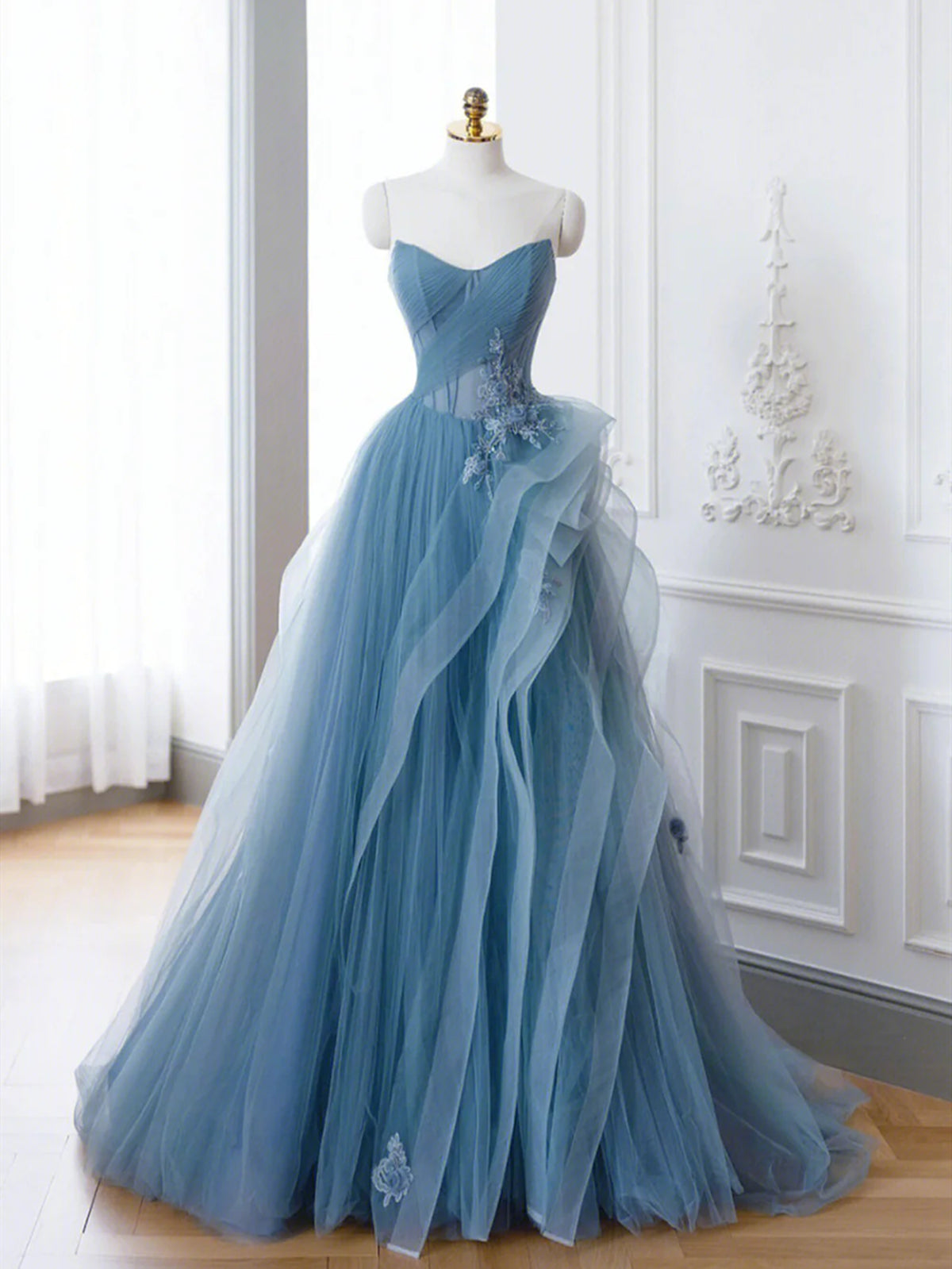 Bridesmaid Dresses Custom, Off the Shoulder Blue Tulle Prom Dresses, Blue Tulle Floral Formal Evening Dresses