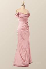 Party Dresses Short Clubwear, Off the Shoulder Blush Mermaid Long Party Dress with Slit