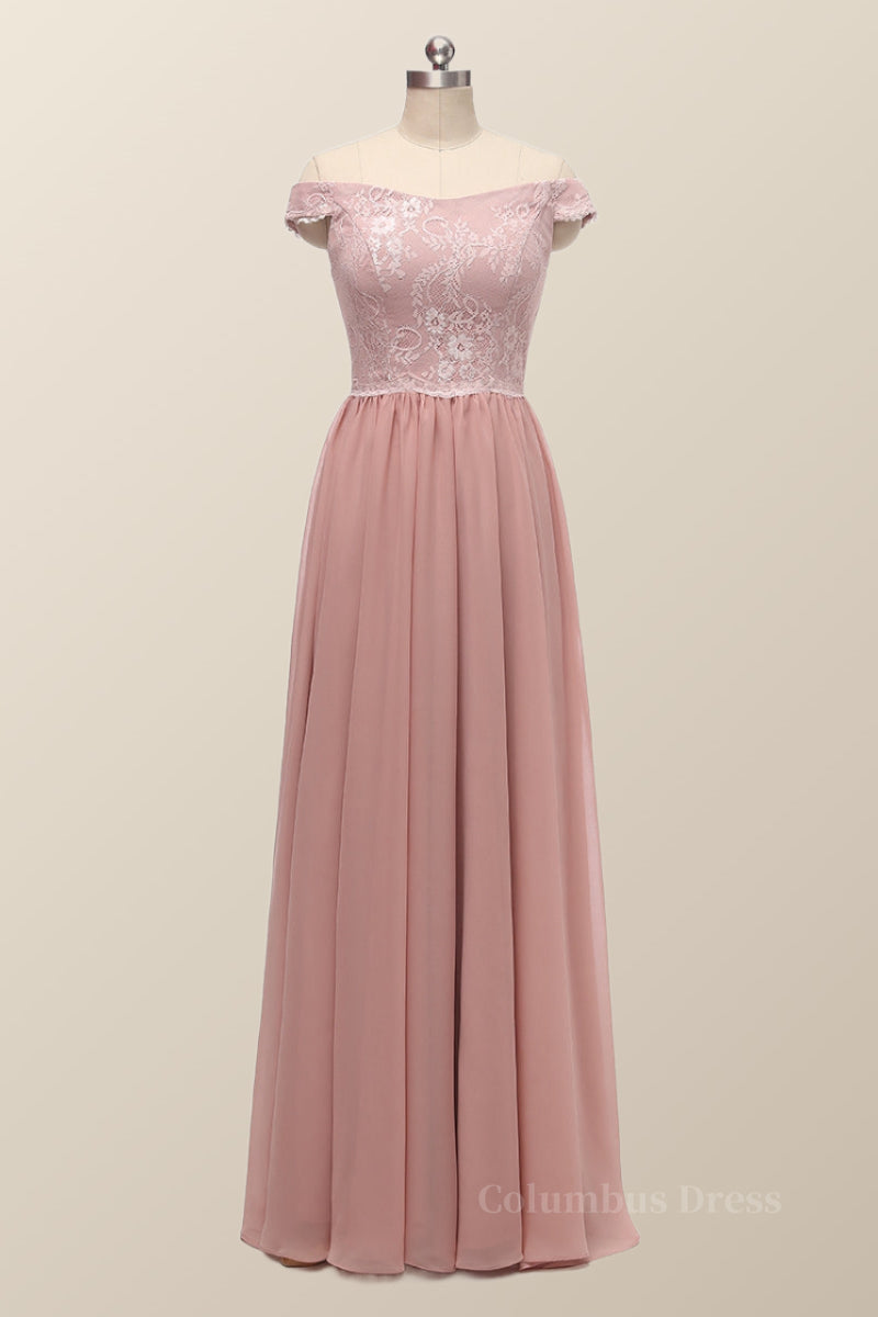 Elegant Gown, Off the Shoulder Blush Pink Lace and Chiffon Bridesmaid Dress