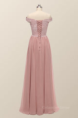 Flowy Prom Dress, Off the Shoulder Blush Pink Lace and Chiffon Bridesmaid Dress