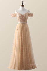 Bridesmaid Dresses Color Schemes, Off the Shoulder Champagne Lace and Tulle Long Bridesmaid Dress