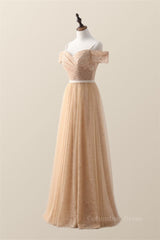 Bridesmaids Dresses Color Schemes, Off the Shoulder Champagne Lace and Tulle Long Bridesmaid Dress