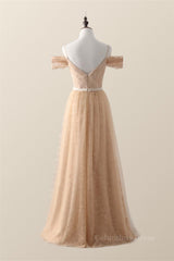 Bridesmaid Dress Color Schemes, Off the Shoulder Champagne Lace and Tulle Long Bridesmaid Dress