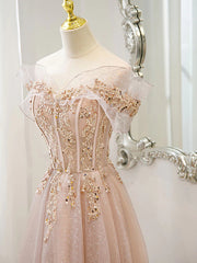 Wedding Photo Ideas, Off the Shoulder Champagne Tulle Lace Prom Dress, Off Shoulder Champagne Lace Formal Dress