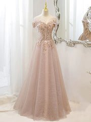 Wedding Photo, Off the Shoulder Champagne Tulle Lace Prom Dress, Off Shoulder Champagne Lace Formal Dress