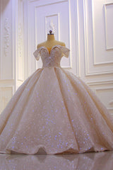Wedding Dresses Fit, Off the shoulder Champange Puffy ball Gown Sparkle Wedding Dress
