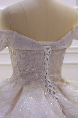 Wedding Dress Fitted, Off the shoulder Champange Puffy ball Gown Sparkle Wedding Dress