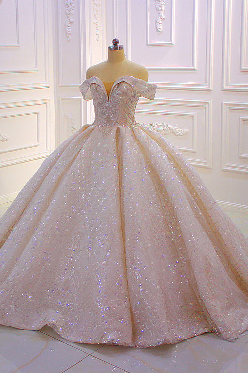 Wedding Dresses Petite, Off the shoulder Champange Puffy ball Gown Sparkle Wedding Dress