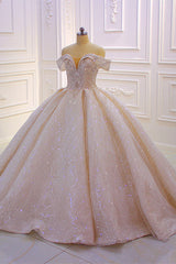 Wedding Dresses Petite, Off the shoulder Champange Puffy ball Gown Sparkle Wedding Dress