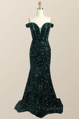 Formal Dress With Sleeves, Off the Shoulder Dark Green Sequin Mermaid Prom Dress