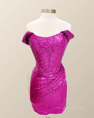 Prom Dresses For Short Girl, Off the Shoulder Fuchsia Sequin Mini Dress
