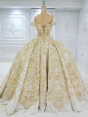 Wedding Dress Colorful, Off the shoulder Golden Lace Appliques Formal Ball Gown Wedding Dress
