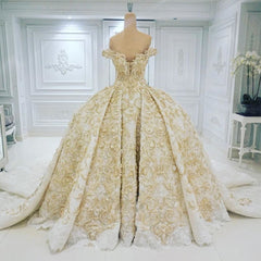 Wedding Dresses Colorful, Off the shoulder Golden Lace Appliques Formal Ball Gown Wedding Dress