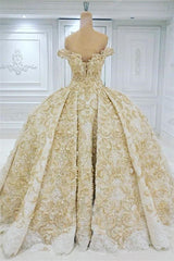 Wedding Dresses Color, Off the shoulder Golden Lace Appliques Formal Ball Gown Wedding Dress