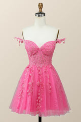 Bridesmaids Dresses Black, Off the Shoulder Hot Pink Lace Short Homecoming Dress